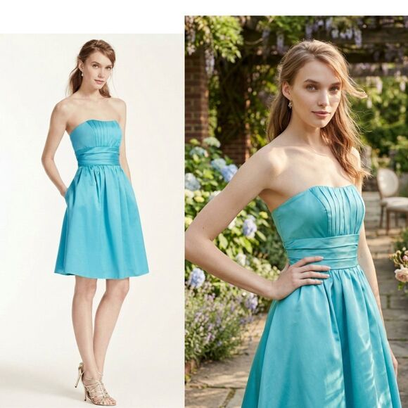 David's Bridal Dresses & Skirts - VTG y2k Turquoise Strapless Cotton Fit & Flare Dress 6 Small Blue Cocktail Mini